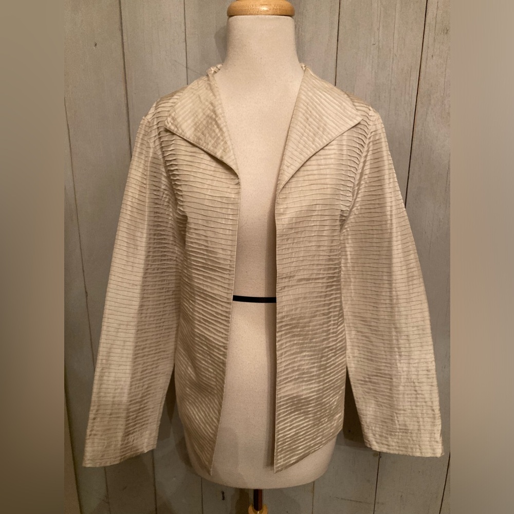 Eileen‎ Fisher Open Front Crinkle Pleated Jacket Ivory Cream Silk Lined Sz-M